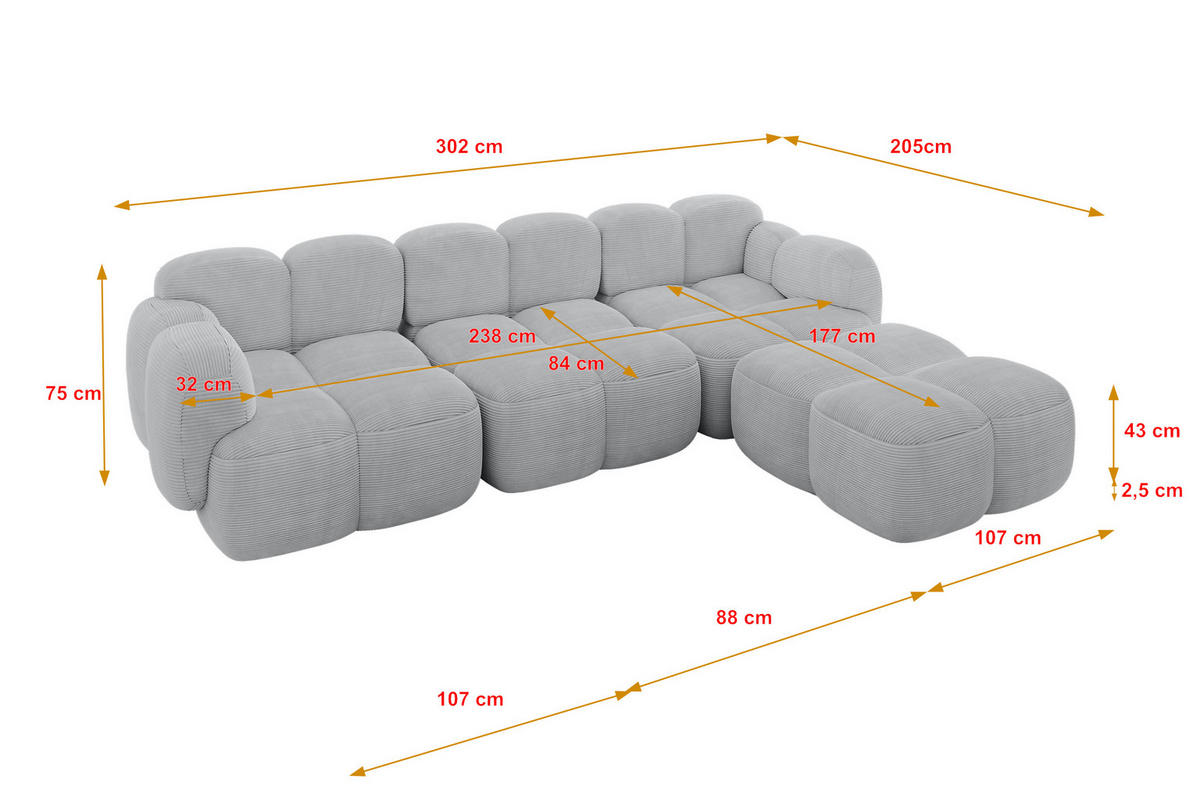 ECKSOFA modulares Sofa Rechts Miko-L2 302x205x75 Grau Cord - Anthrazit/Schwarz, Holzwerkstoff/Kunststoff (302/205cm) - ALTDECOR