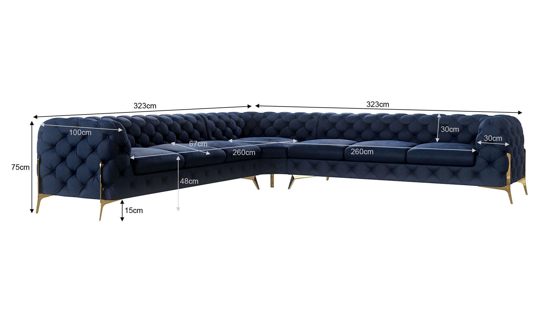 ECKSOFA Chesterfield Lexi Marineblau Samt - Goldfarben/Dunkelblau, Holz/Textil (323/323cm) - S-Style Möbel