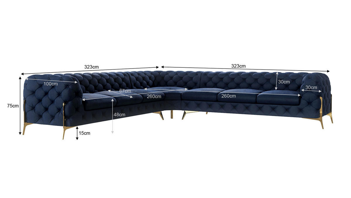 ECKSOFA Chesterfield Lexi Marineblau Samt - Goldfarben/Dunkelblau, Holz/Textil (323/323cm) - S-Style Möbel