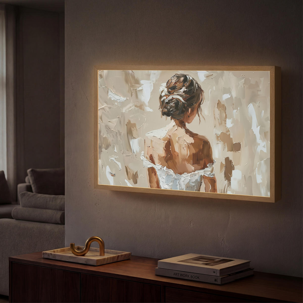 NÁSTĚNNÁ LAMPA S AKUMULÁTOREM Žena - malba - abstraktní - béžová - moderní 60x40 cm - světle hnědá, kompozitní dřevo (60/40/8cm) - OnlyWow