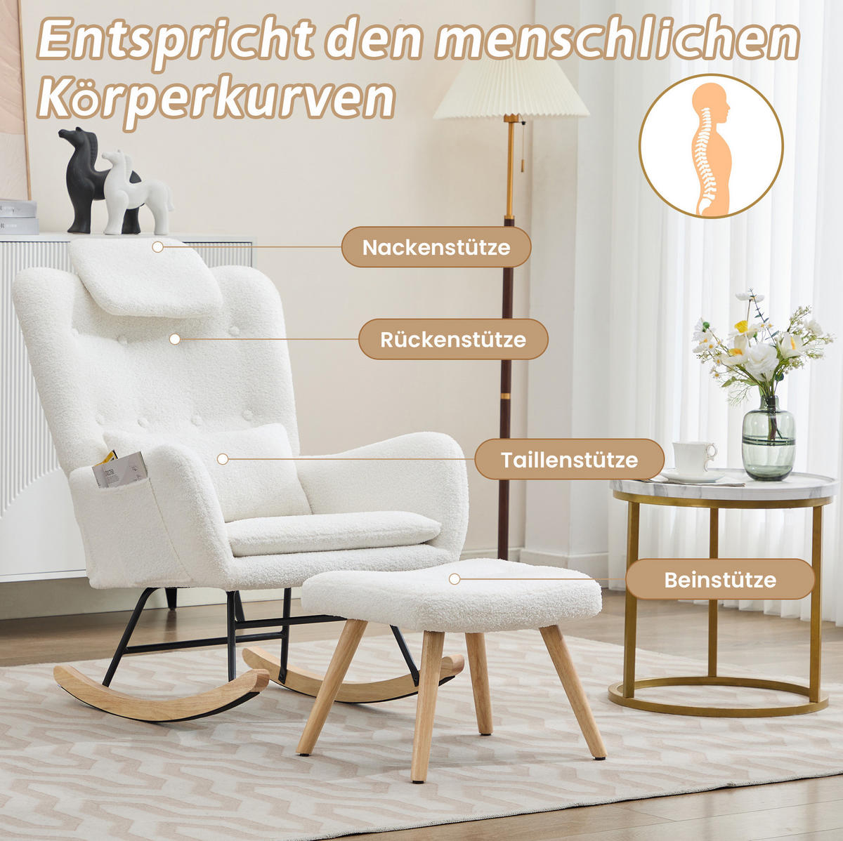 SCHAUKELSTUHL Teddy-Samt mit Hocker und Taschenablage 73/92/102 cm Weiß - Weiß, Holz/Textil (92/102/73cm) - Redom