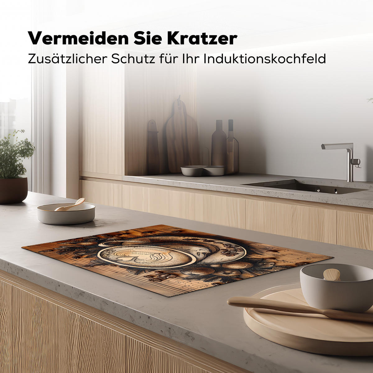 HERDABDECKPLATTE Kaffee - Vintage - Braun - Tasse - Holz Herdabdeckung Induktionsfeld 75x52 cm - Cappuccino, Kunststoff (75/52/0.2cm) - MuchoWow