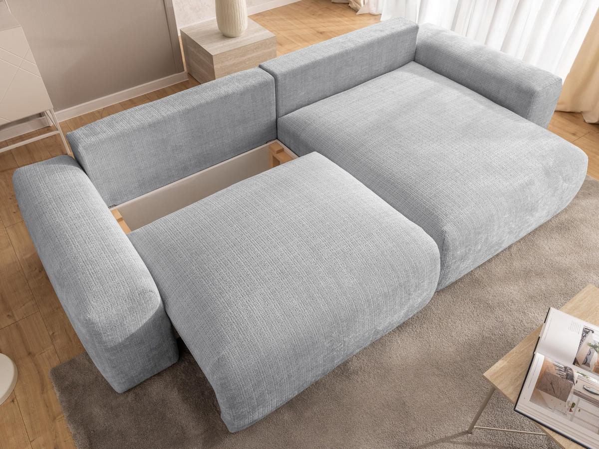 ECKSOFA Puffy mit Schlaffunktion und Bettkasten - besonders weich und puffig aus Hellgrau Chenille-Stoff - Ottomane rechts - Hellgrau/Schwarz, Holz/Kunststoff (266/138cm) - S-Style Möbel