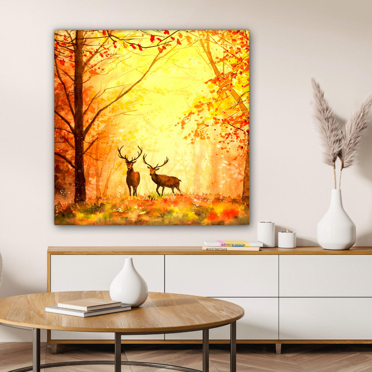 LEINWANDBILD Natur - Ölfarbe - Hirsche - Tiere - Herbst - Orange Deko Groß 90x90 cm - Orange, Textil (90/90cm) - MuchoWow
