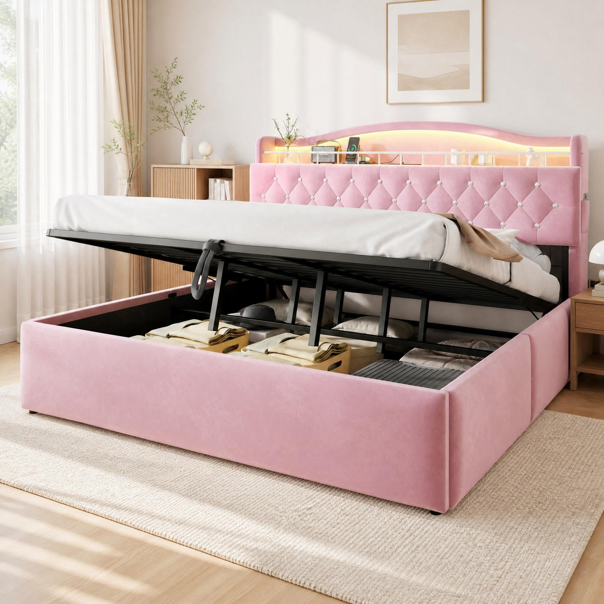 POLSTERBETT 180/200 mit Bettkasten, LED und USB-C in Rosa - Rosa, Holzwerkstoff/Textil (180/200cm) - EVRYAE