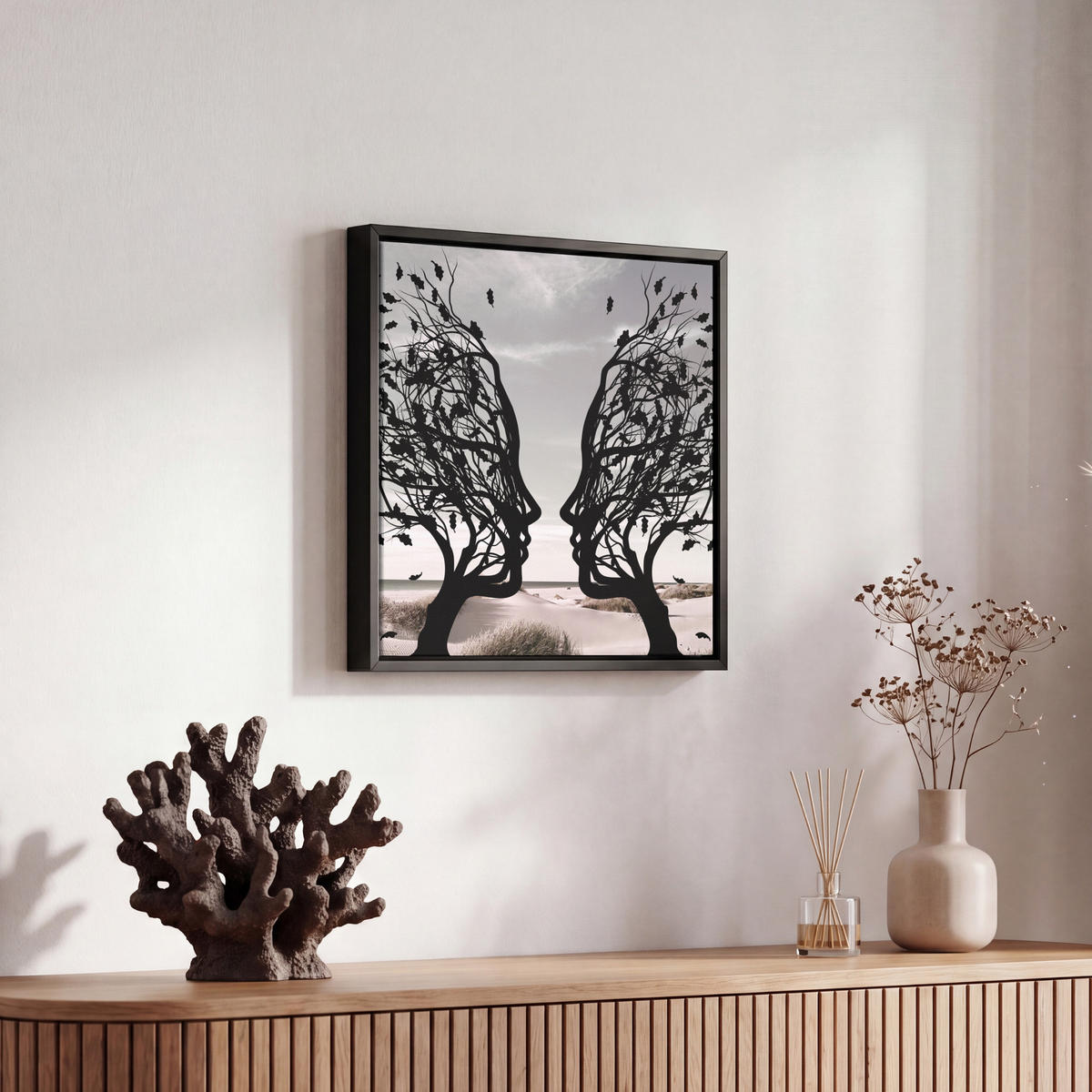 LEINWAND Bilder mit Rahmen - Strand - Meer - Menschen - Baum - Moderne Kunst - 20x20 - Hellgrau, Textil (20/20cm) - MuchoWow