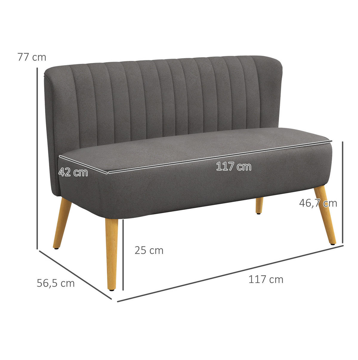 2-SITZER Sofa aus Polyester 117x56,5x77 cm in Dunkelgrau mit Federkern - Dunkelgrau, Textil (56.5/77/117cm) - Modfu