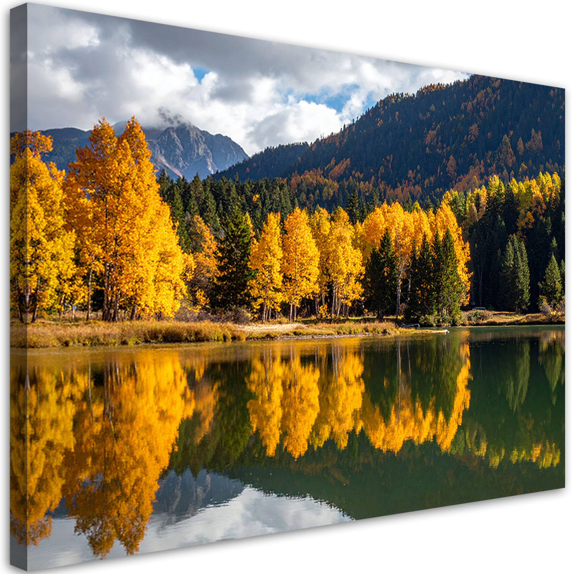 LEINWANDBILD Herbstlandschaft See Berge Natur 90x60cm - Gelb, Textil (90/60cm) - Feeby