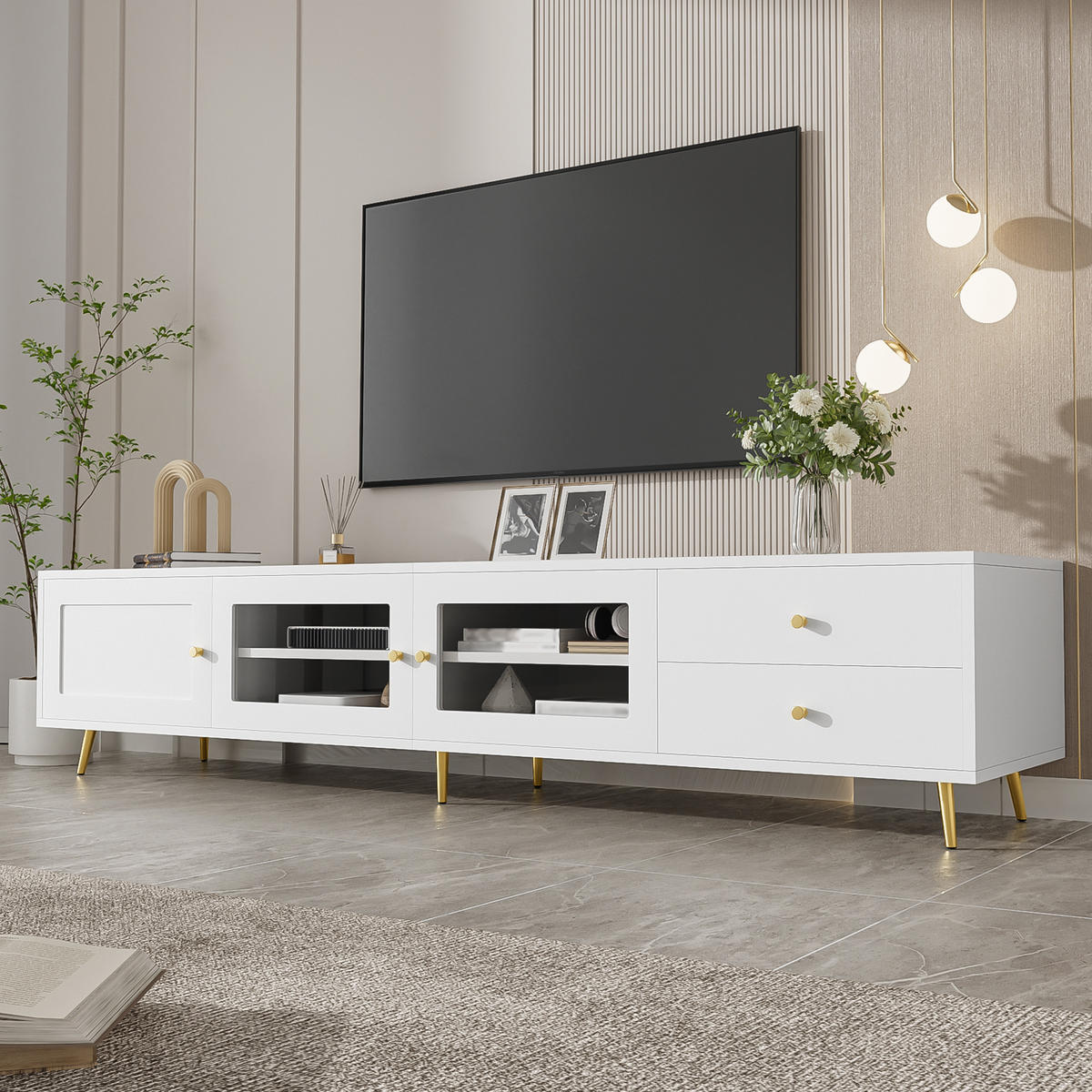 TV-SCHRANK 170/40/28 cm Weiß mit 2 Schubladen, 2 Glastüren und 1 Schranktür - Weiß, Holzwerkstoff/Metall (170/28/40cm) - Oxeza