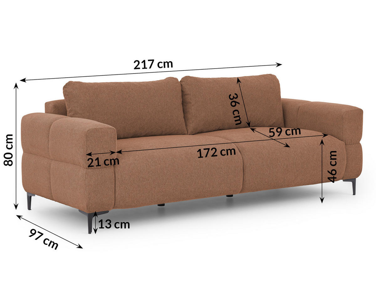3-SITZER-SOFA Cardea in Bubble-Optik aus weichem Terrakotta Strukturstoff mit hohem Sitzkomfort - Terracotta/Schwarz, Holz/Textil (217/80/97cm) - S-Style Möbel