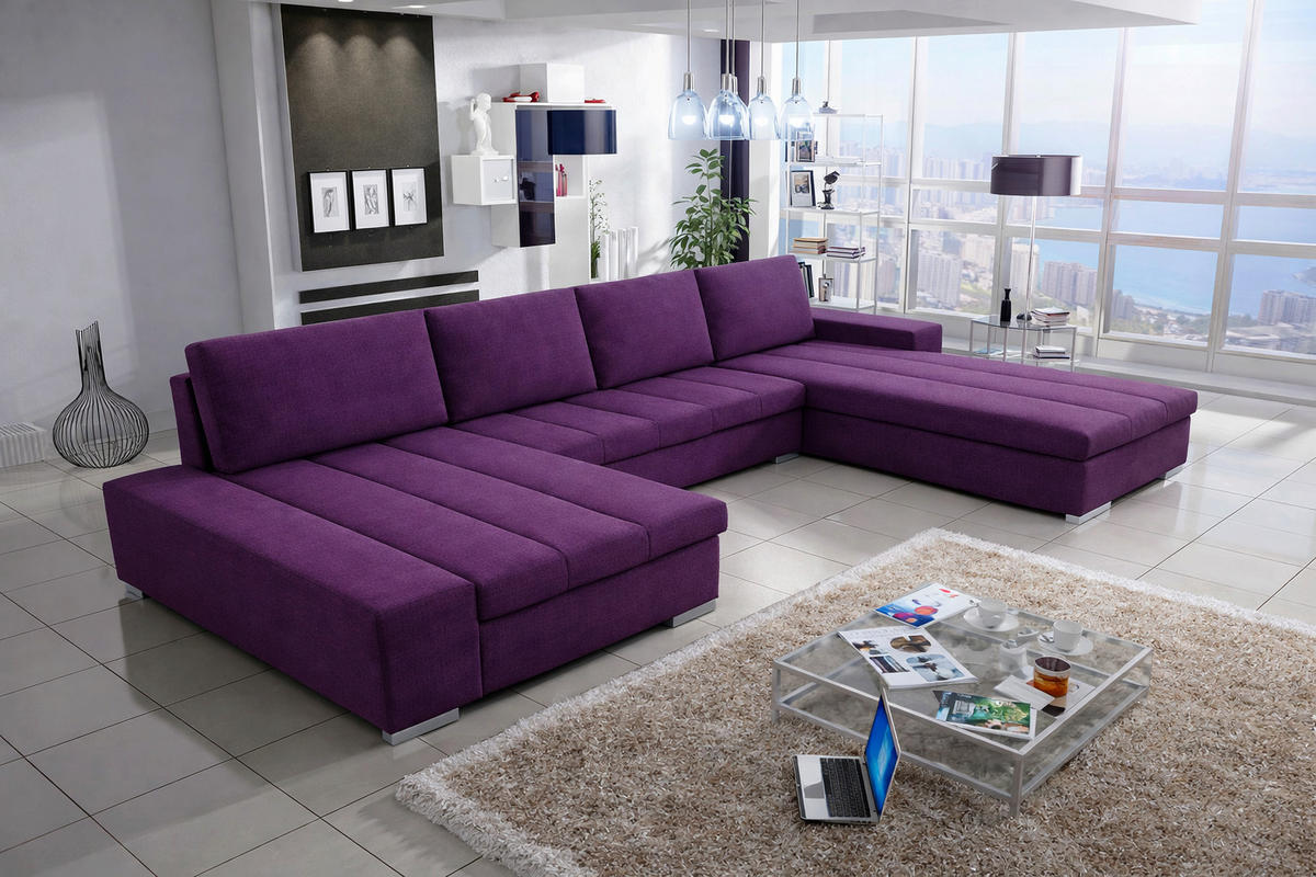 WOHNLANDSCHAFT VERONA U-Form mit Schlaffunktion, Bettkasten und Wellenfederung – Großzügiges Ecksofa 387 cm - Violett, Kunststoff (387/85/213cm) - Wohnideebilder