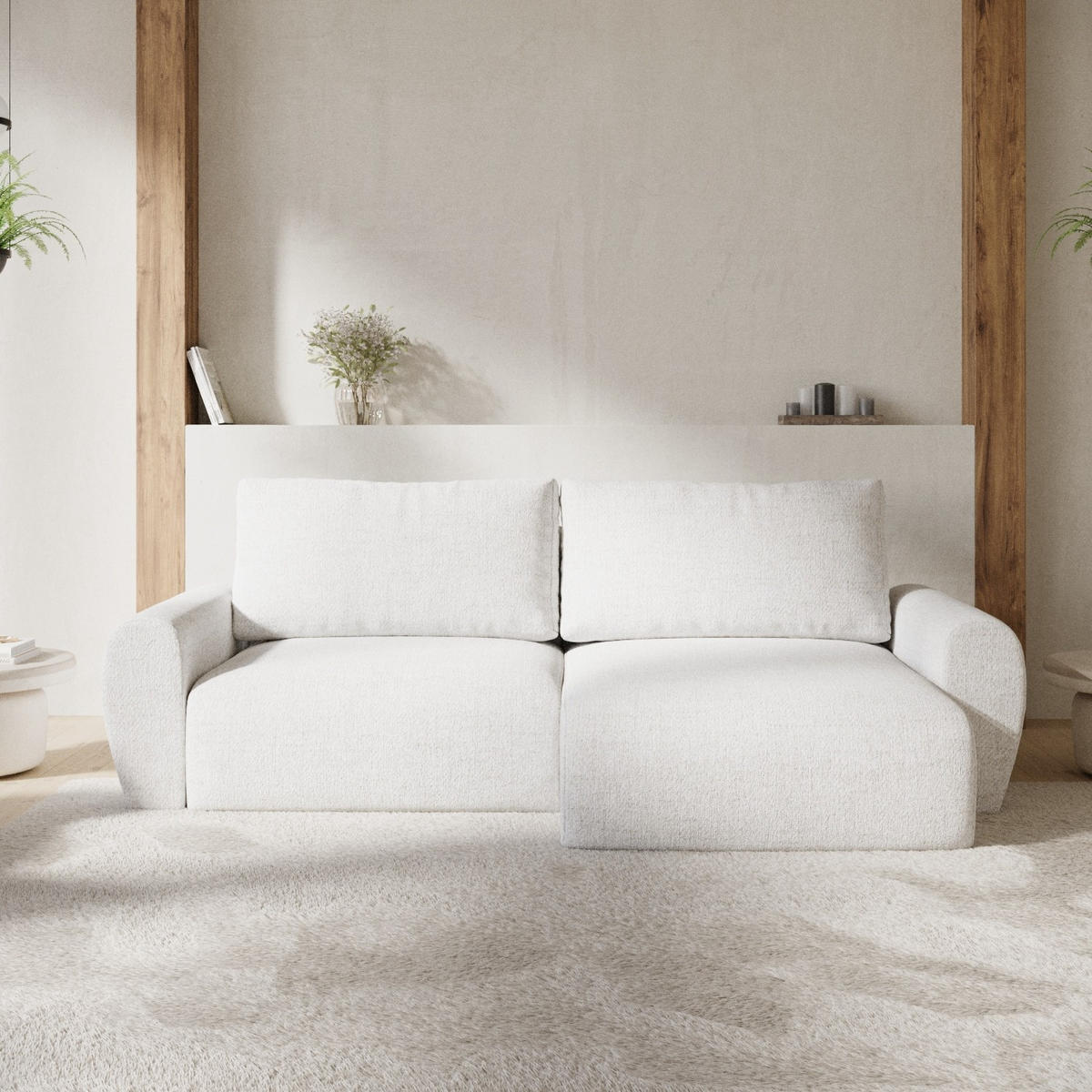 ECKSOFA OMARI mit Schlaffunktion Creme im Neve Stoff - Creme/Schwarz, Holz/Holzwerkstoff (253/153cm) - AltaBeds