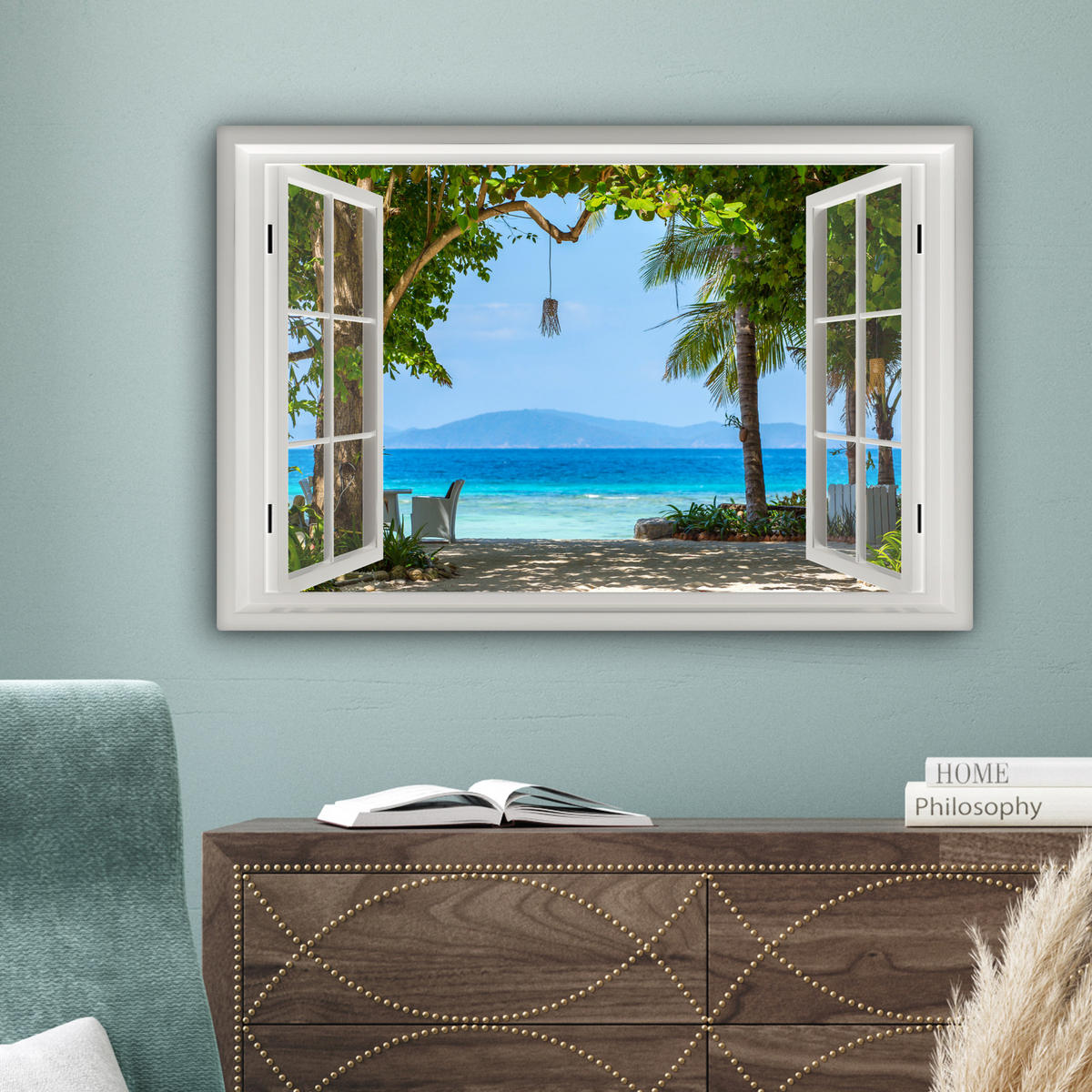 LEINWANDBILD Aussicht - Baum - Meer - Palme - Hügel - Strand - Blau Wanddeko 90x60 cm - Blau, Textil (90/60cm) - MuchoWow