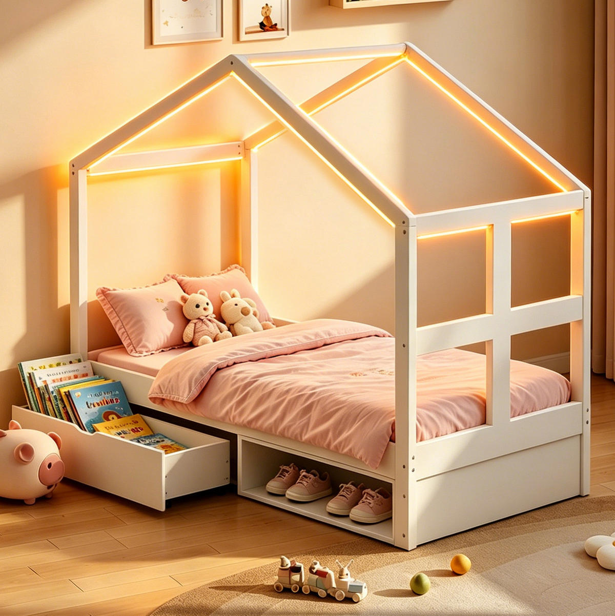 KINDERBETT 90/190 cm mit Schublade, Schuhschrank und LED-Lichtstreifen, Weiß - Weiß, Holzwerkstoff (90/190cm) - Redom