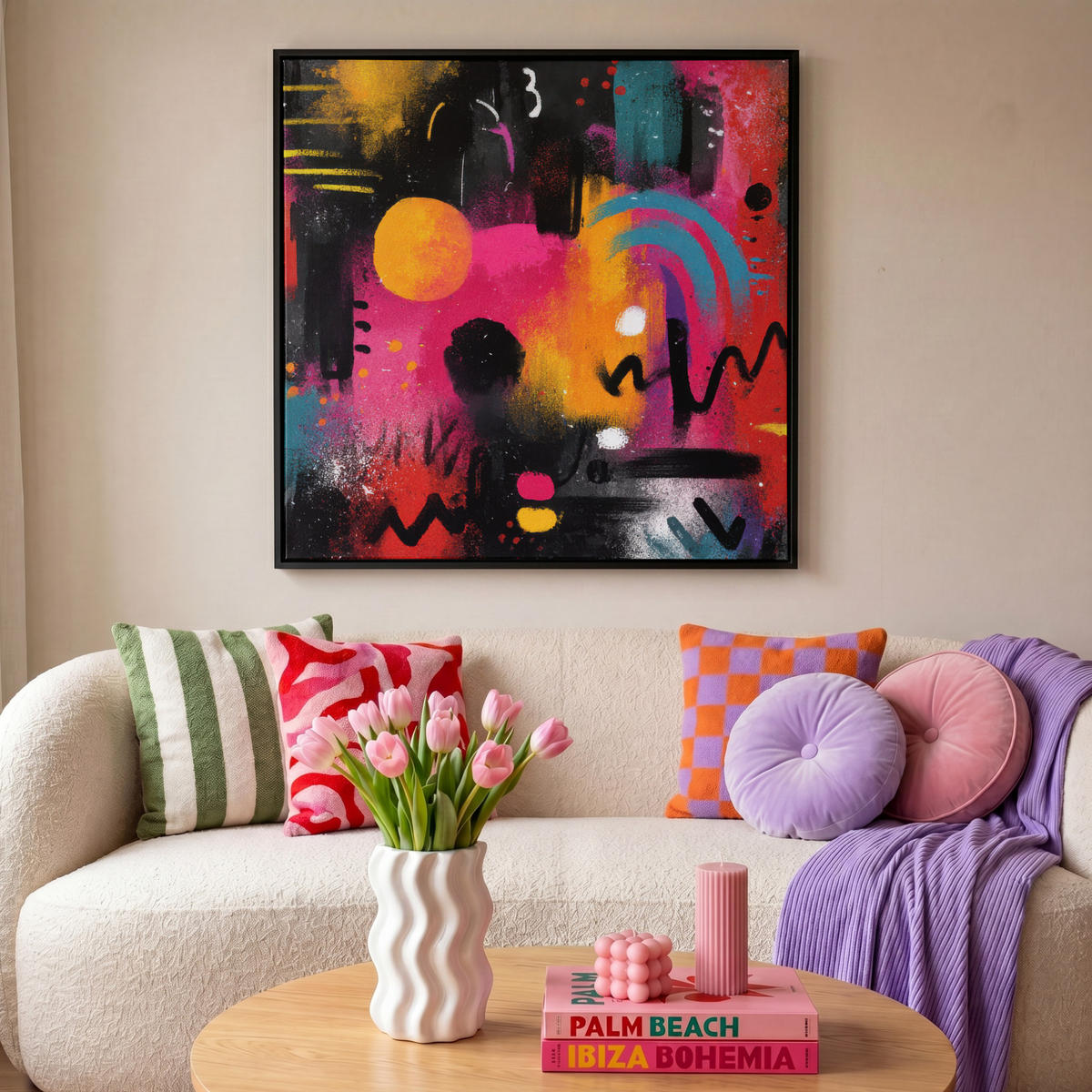 LEINWAND Bilder mit Rahmen - Farbflächen - Formen - Bunt - Abstrakt - 90x90 - Pink, Textil (90/90cm) - MuchoWow