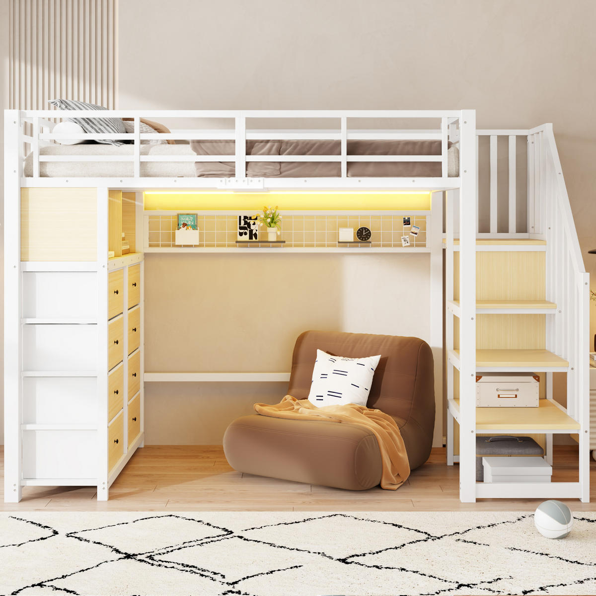 HOCHBETT MDF Metall 90x200 cm Weiß mit Stauraumtreppe, LED und 8 Schubladen - Weiß, Holzwerkstoff (90/200cm) - Modfu
