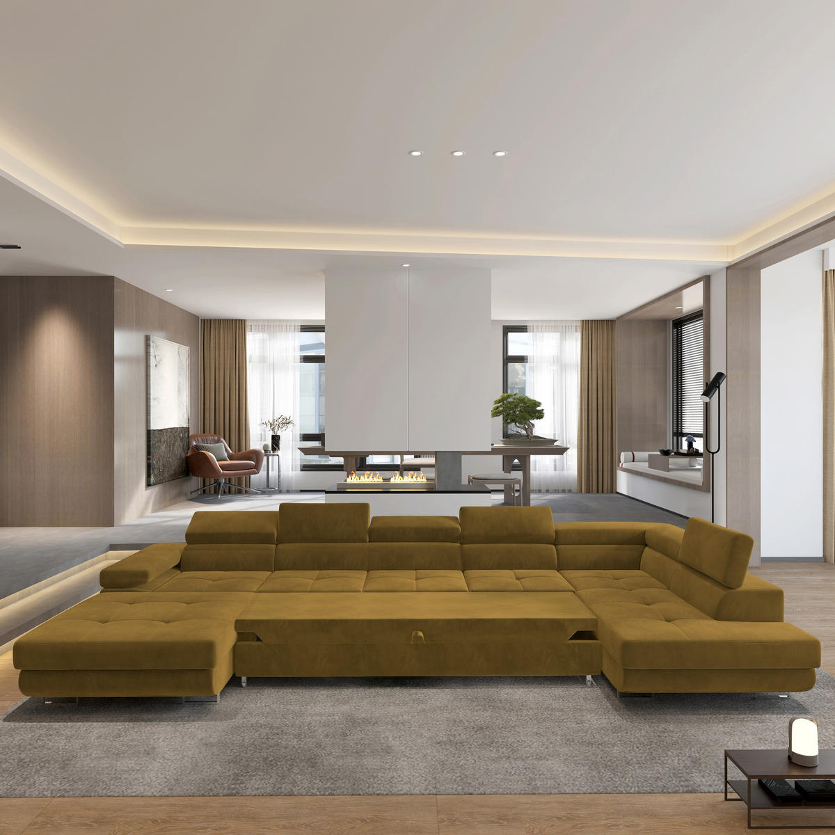 WOHNLANDSCHAFT TORIVA R-S Gelb Velours-Stoff mit Schlaffunktion - Gelb, Holz (418/90/202cm) - MASSENO