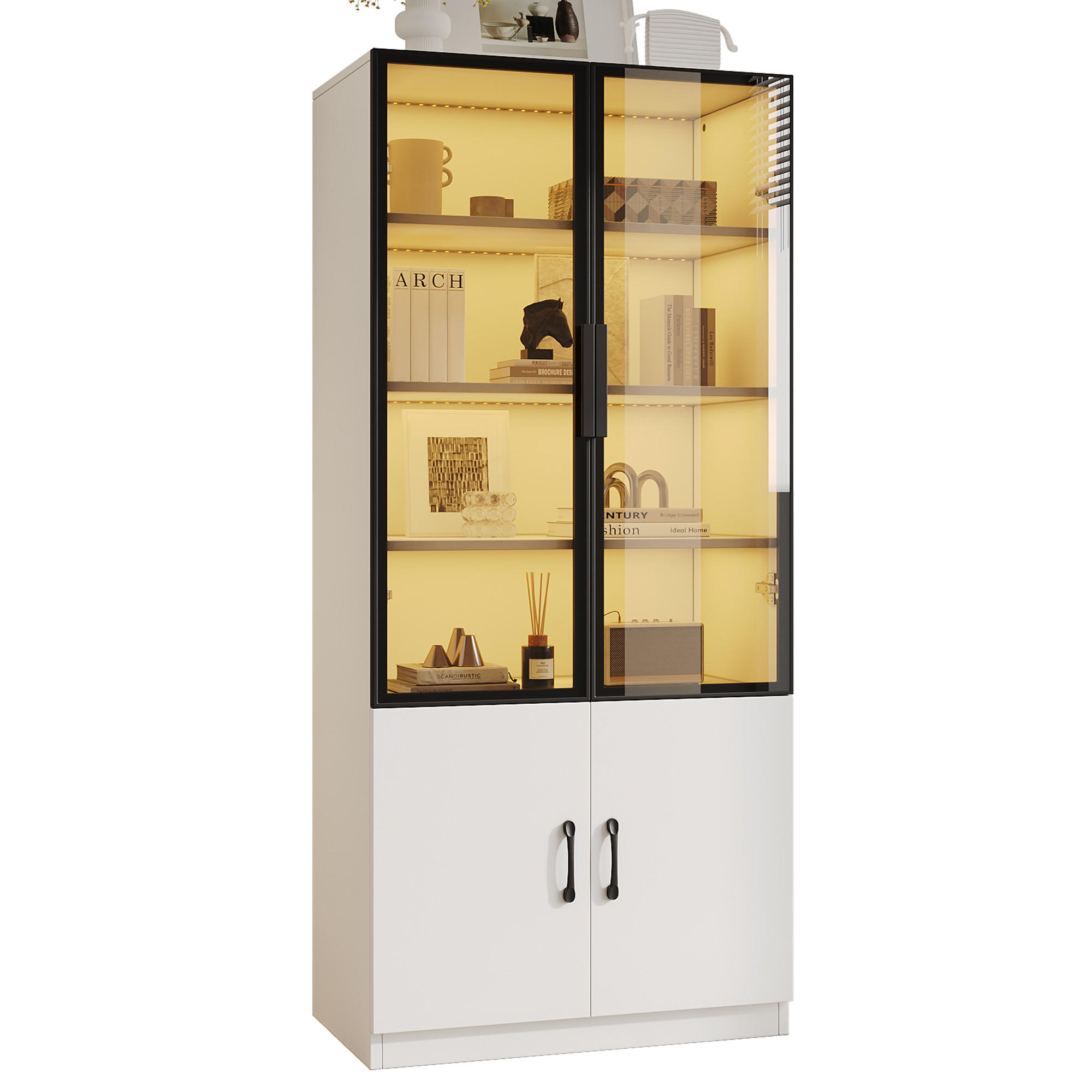VITRINE LED Rauchglas Aluminiumrahmen 160cm 2 Türen Bücherregal - Weiß, Glas (120/160/40cm) - FLIEKS