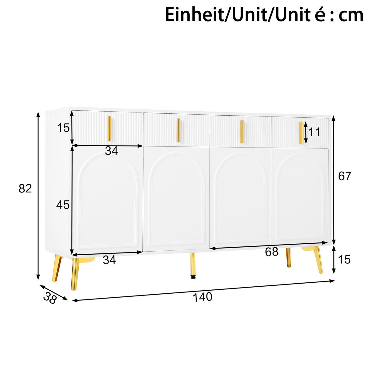 SIDEBOARD aus MDF 140x38x82 cm Weiß mit 4 Türen, 4 Schubladen und goldfarbenen Akzenten - Weiß, Holzwerkstoff (140/82/38cm) - IVMEU