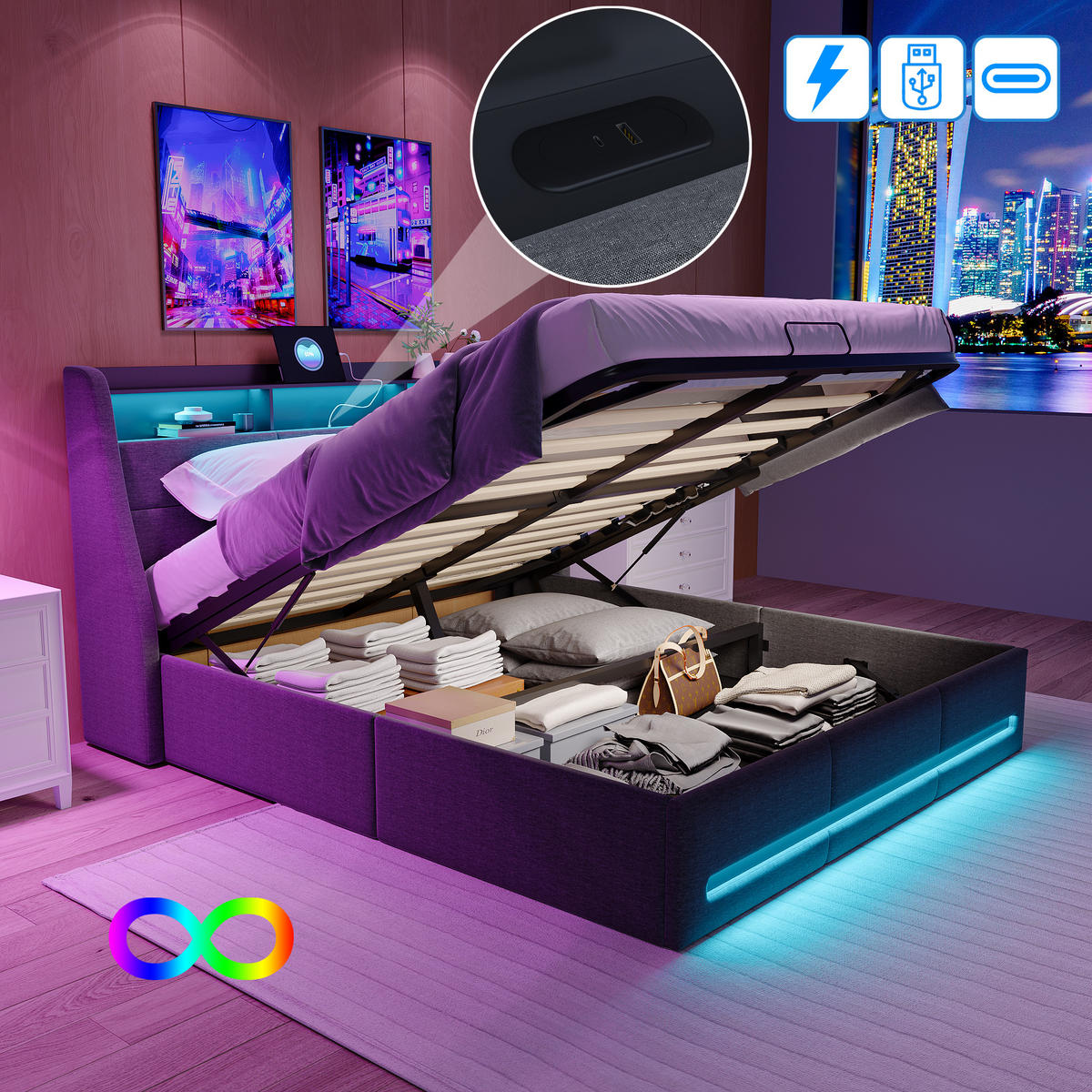 POLSTERBETT 140x190 cm mit Stauraum, LED-Kopfteil, USB & Lattenrost, grau - Grau, Holz (140/190cm)