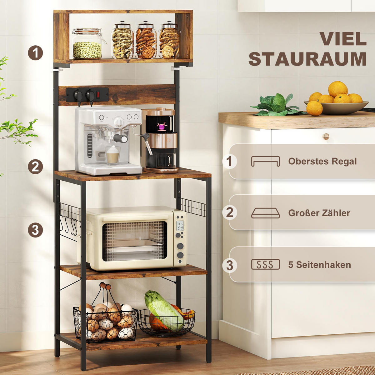 KÜCHENREGAL Spanplatte Stahl Rustikal-Braun - Braun, Holzwerkstoff (42/153/60cm) - HOMCOM