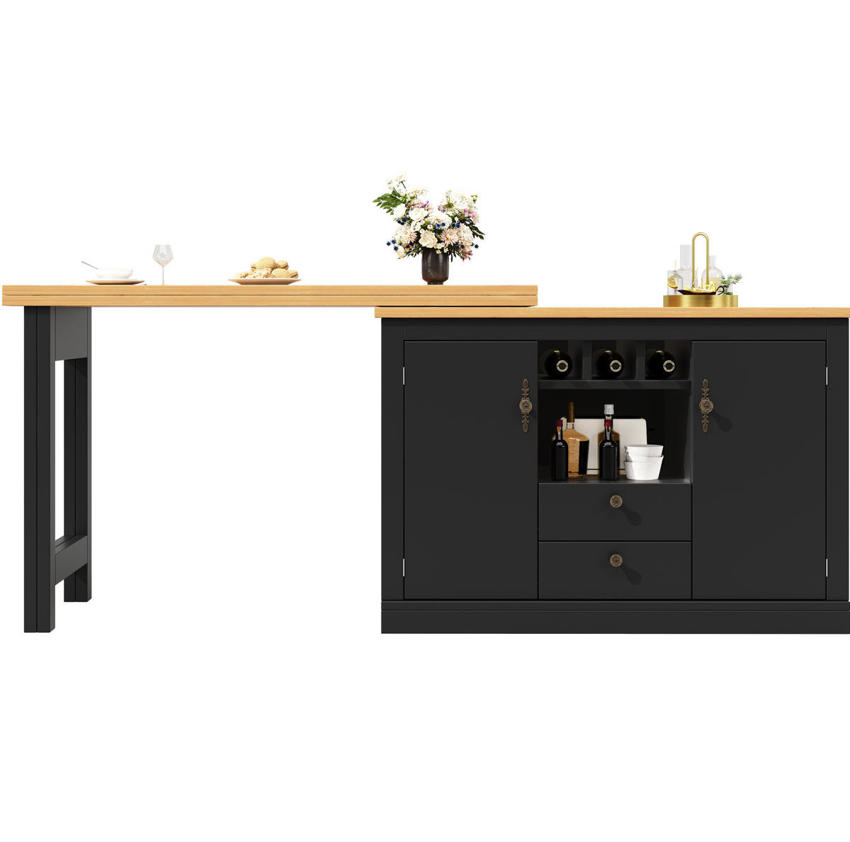 BAROVÝ stůl 120-180/40/76 cm s otočnou deskou, úložným prostorem a policí na víno, MDF, Černá/Přírodní - černá, kompozitní dřevo (40/180/76cm) - Redom