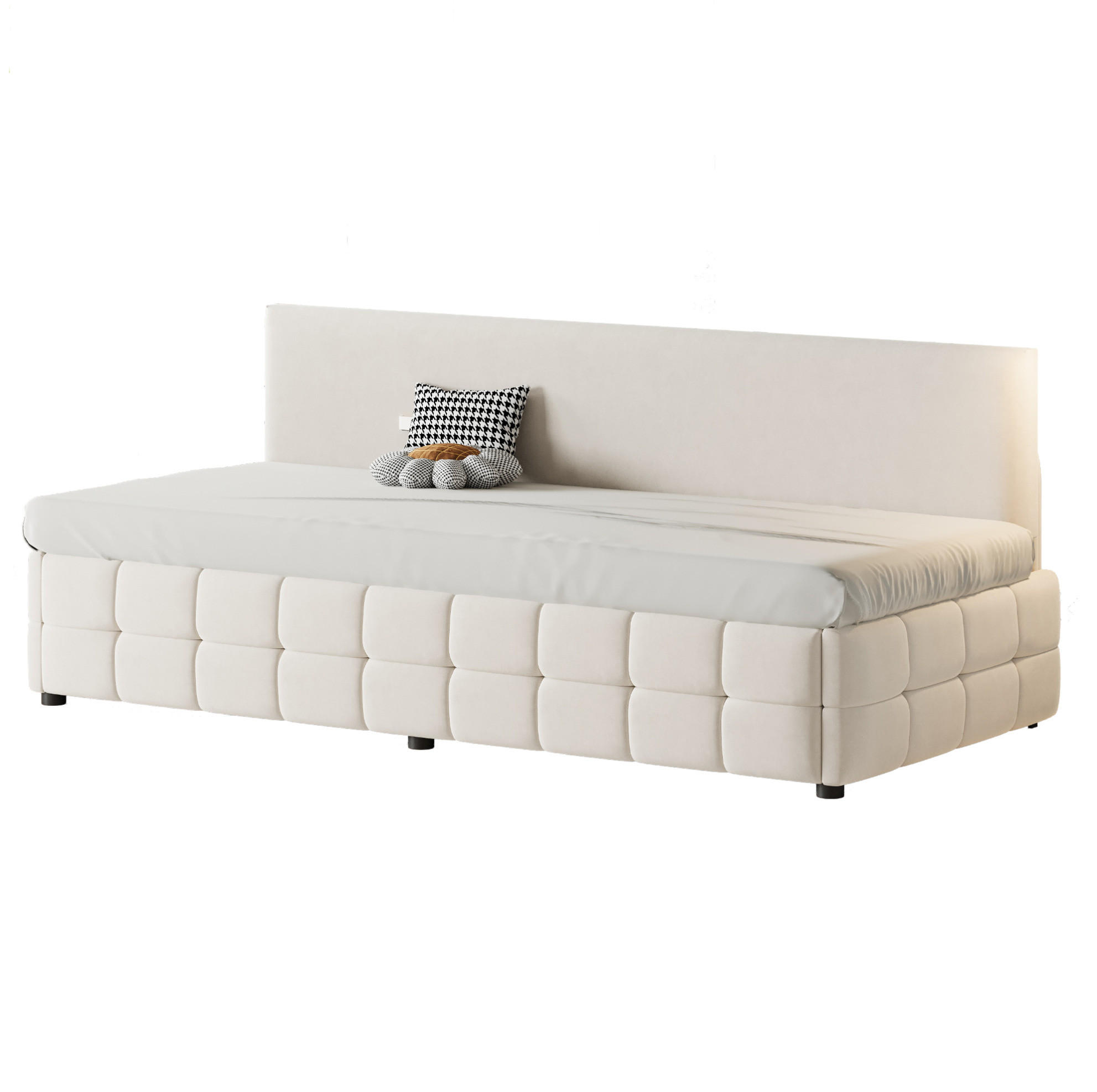 SAMT-POLSTERBETT 90/200 cm mit Bettkasten und gepolsterter Rückenlehne - Beige, Textil (90/200cm) - BEAOK