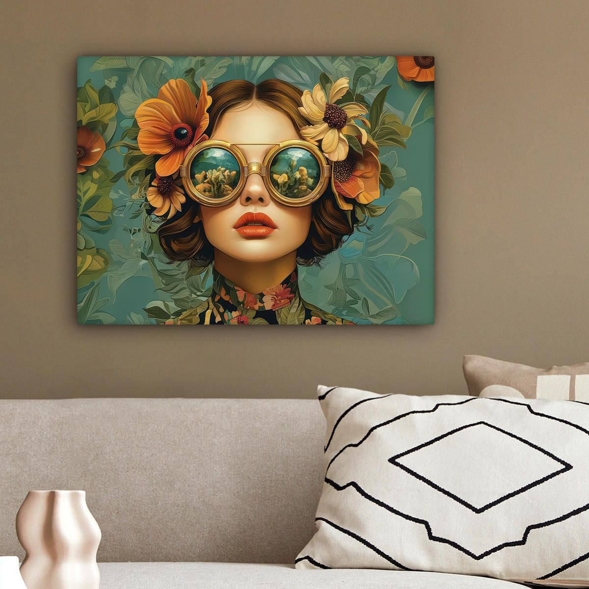 LEINWANDBILD Frau - Blumen - Schmetterlinge - Natur - Vintage Wandbild 40x30 cm - Salbeigrün, Textil (40/30cm) - MuchoWow