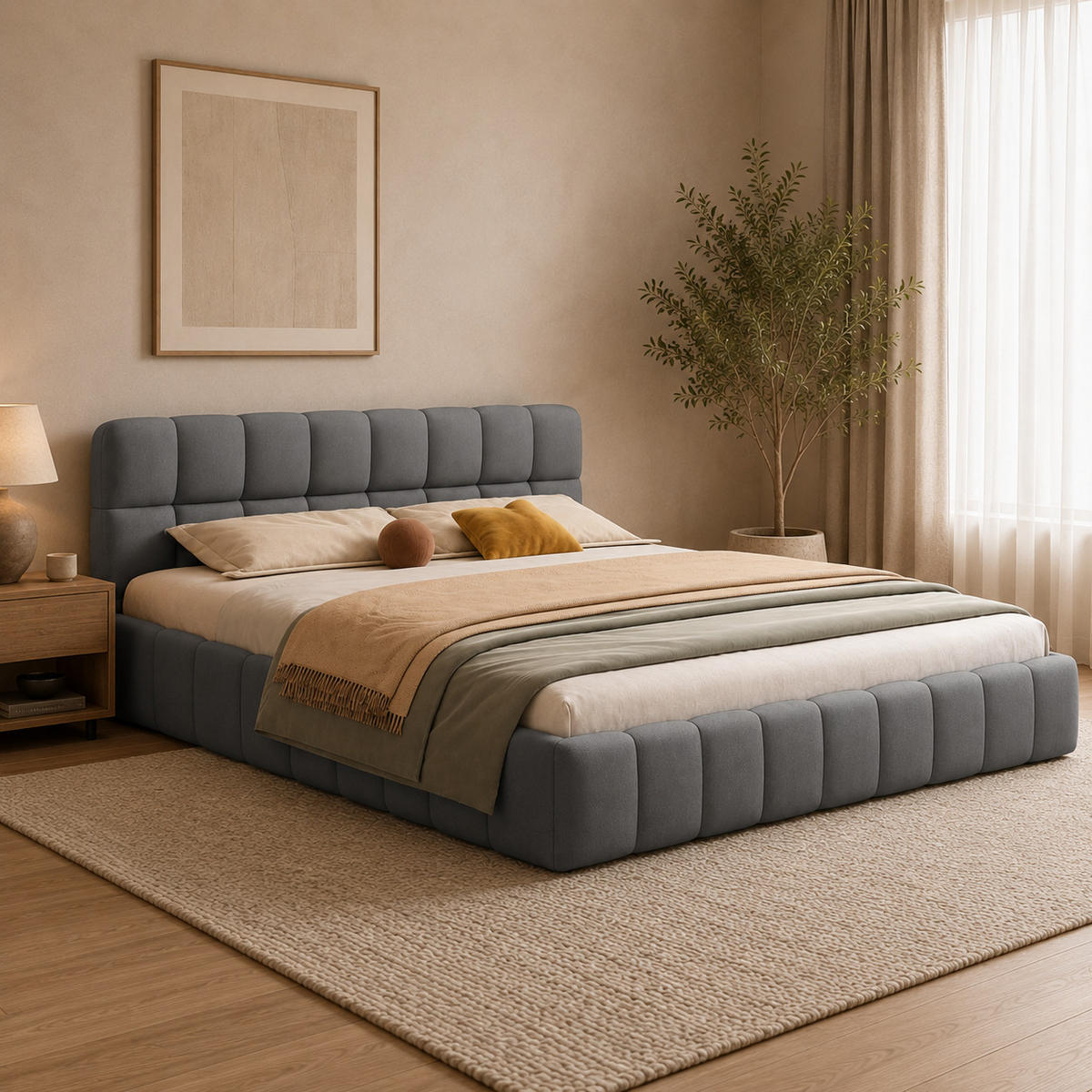 POLSTERBETT 160/200 cm in Grau, Puff Stoffbett mit voll gepolstertem Rahmen, modernes Schlafzimmer Bettgestell - Grau, Holz/Metall (160/200cm) - Joyfair