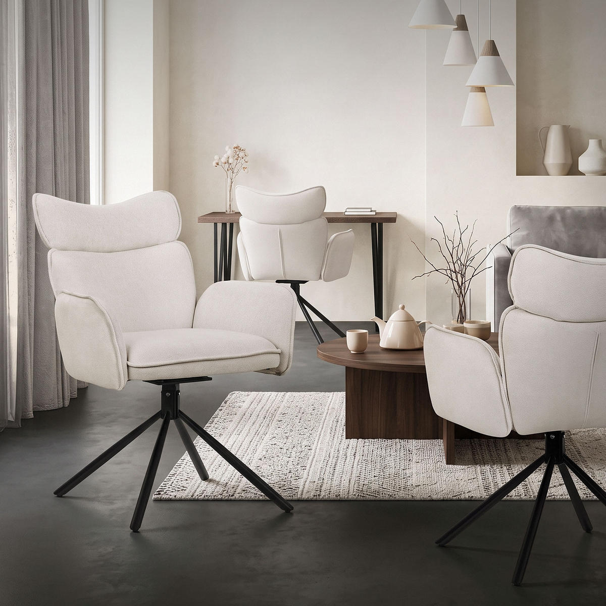 JÍDELNÍ ŽIDLE Sada 6 ks otočné béžové s látkovým potahem - černá/béžová, kov/textil (63/89/68cm) - ML-DESIGN