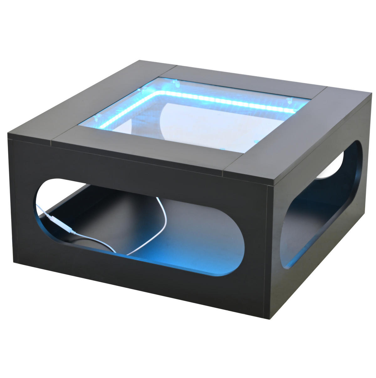COUCHTISCH aus MDF und Glas 70x70x35 cm Schwarz mit LED-Beleuchtung, App-Steuerung und Stauraum - Schwarz, Holzwerkstoff (70/70/35cm) - Modfu