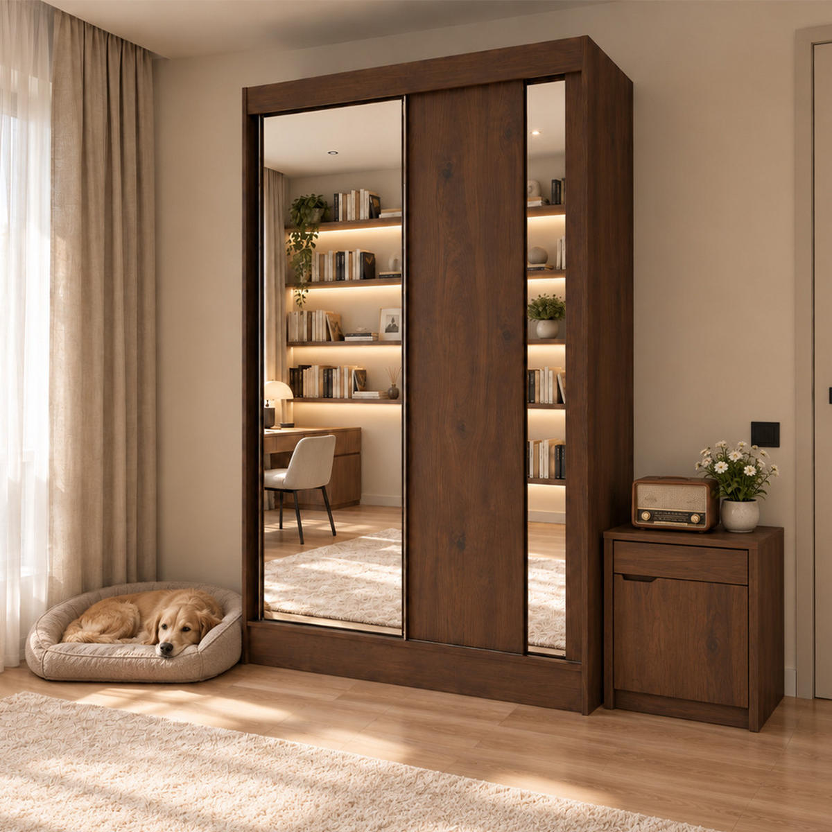 KLEIDERSCHRANK Gloria 120 cm Nussbaum Warmia Spiegel 2 Schubl. Griffe schwarz - Nussbaumfarben, Holzwerkstoff (120/216/61cm) - KS Home Concept