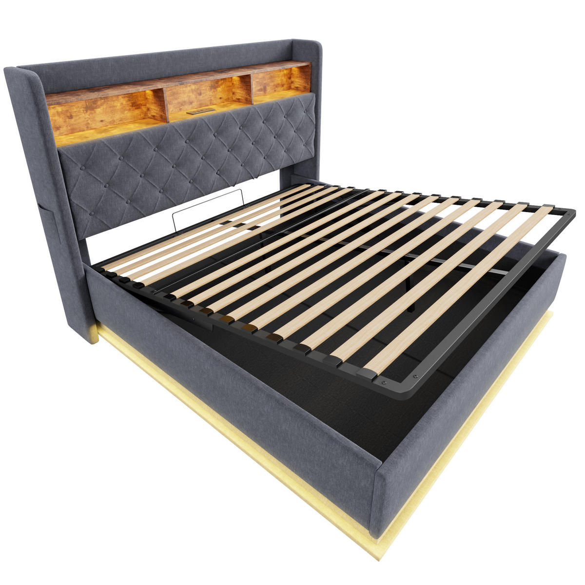 POLSTERBETT 160/200 cm in Grau Leinen mit Bettkasten, LED und USB - Grau, Holzwerkstoff/Textil (160/200cm) - WISHDOR