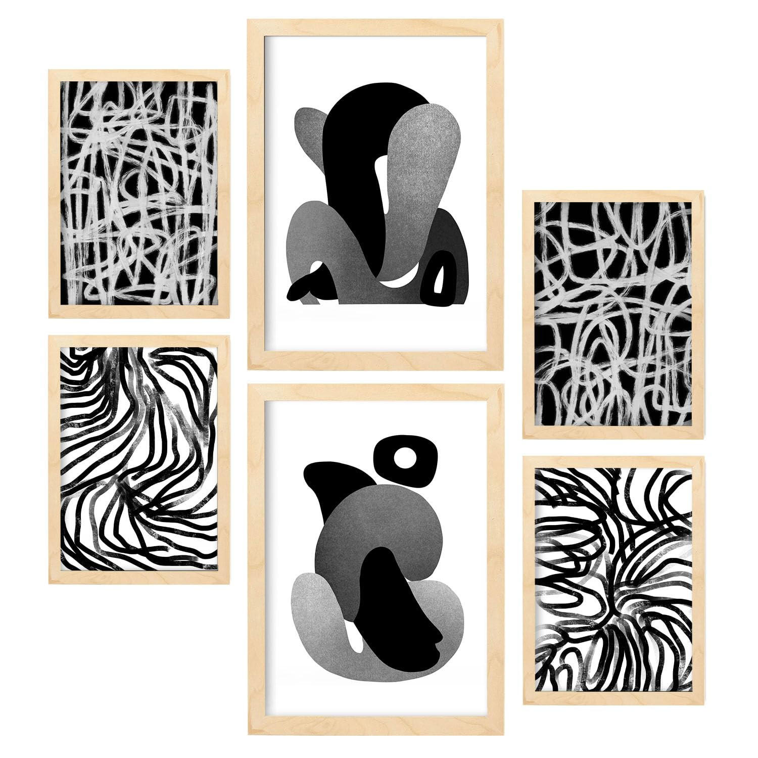POSTER Set Mit 6 Kaput Handwerk In Liebhaber Abstrakt Ästhetische Dekorative Gemälde Für Ihr Wohnzimmer Zuhause A3 & A4 Rahmen Aus Hellem Holz - Beige, Papier (29/3cm) - Nacnic