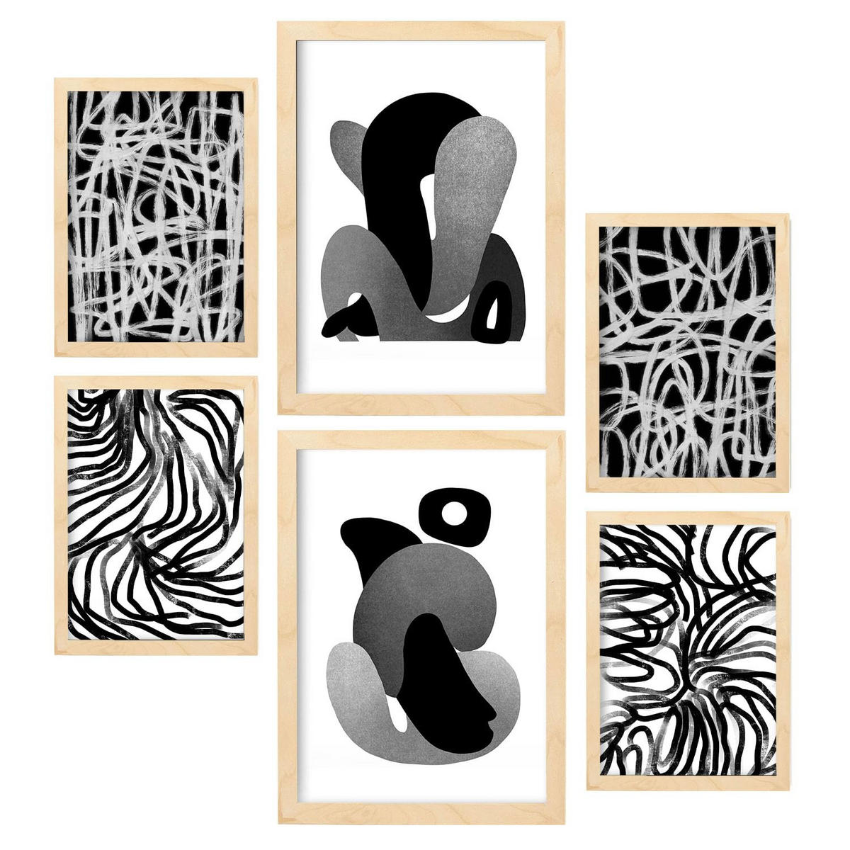 POSTER Set Mit 6 Kaput Handwerk In Liebhaber Abstrakt Ästhetische Dekorative Gemälde Für Ihr Wohnzimmer Zuhause A3 & A4 Rahmen Aus Hellem Holz - Beige, Papier (29/3cm) - Nacnic