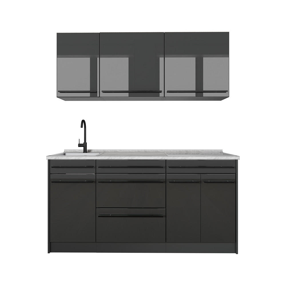 SINGLEKÜCHE R-Line, Anthrazit Hochglanz/Anthrazit, 160 cm Arbeitsplatte Marmor - Schwarz Hochglanz/Anthrazit, Holzwerkstoff (160/81.6/60cm) - Vicco
