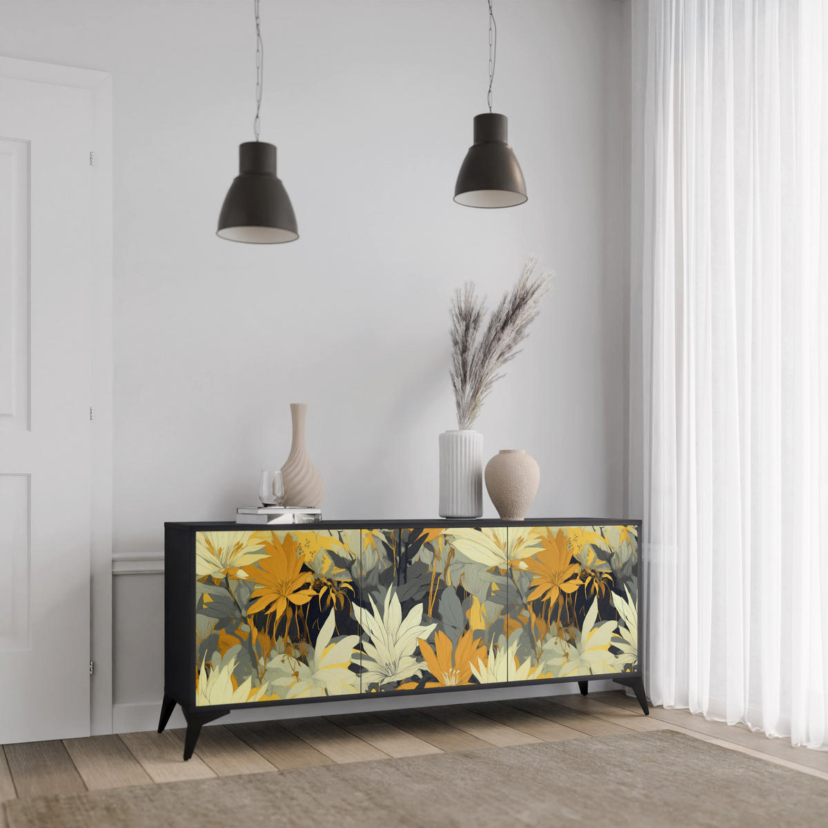 SIDEBOARD SUNKISSED LILY, Eicheneffekt, 164,5x42x77,5 cm, 3 Türen - Eichefarben/Buchefarben, Holzwerkstoff/Buchenholz (164.5/77.5/42cm) - SpaceRebels