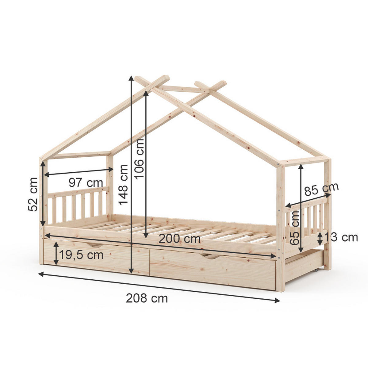 HAUSBETT Design Naturholz 90x200 cm mit Gästebett und Matratze - Naturfarben, Holz (90/200cm) - VitaliSpa