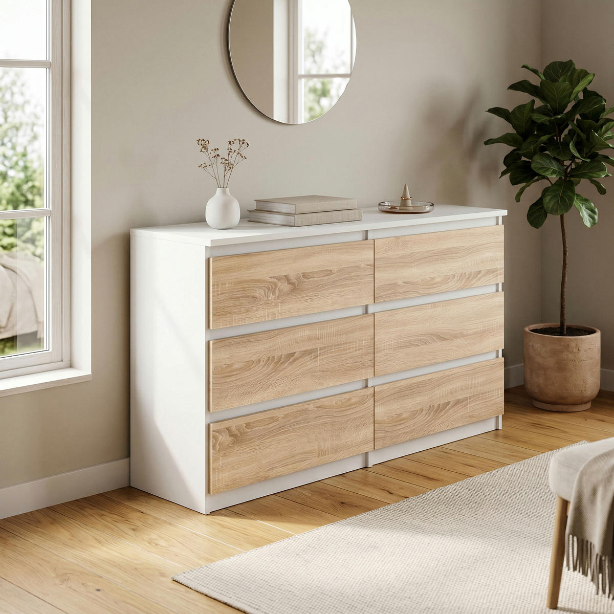 KOMMODE NUDO 120/78,5/39cm mit 6 Schubladen Türen Weiß - Weiß/Sonoma Eiche, Holzwerkstoff (120/78.5/39cm) - MASSENO