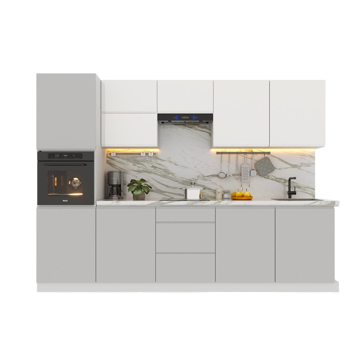 KÜCHENZEILE 300 cm Glanzia – KU-S01 – Grau / Weiß – Hochglanz - Grau, Holzwerkstoff (300/212/60cm)