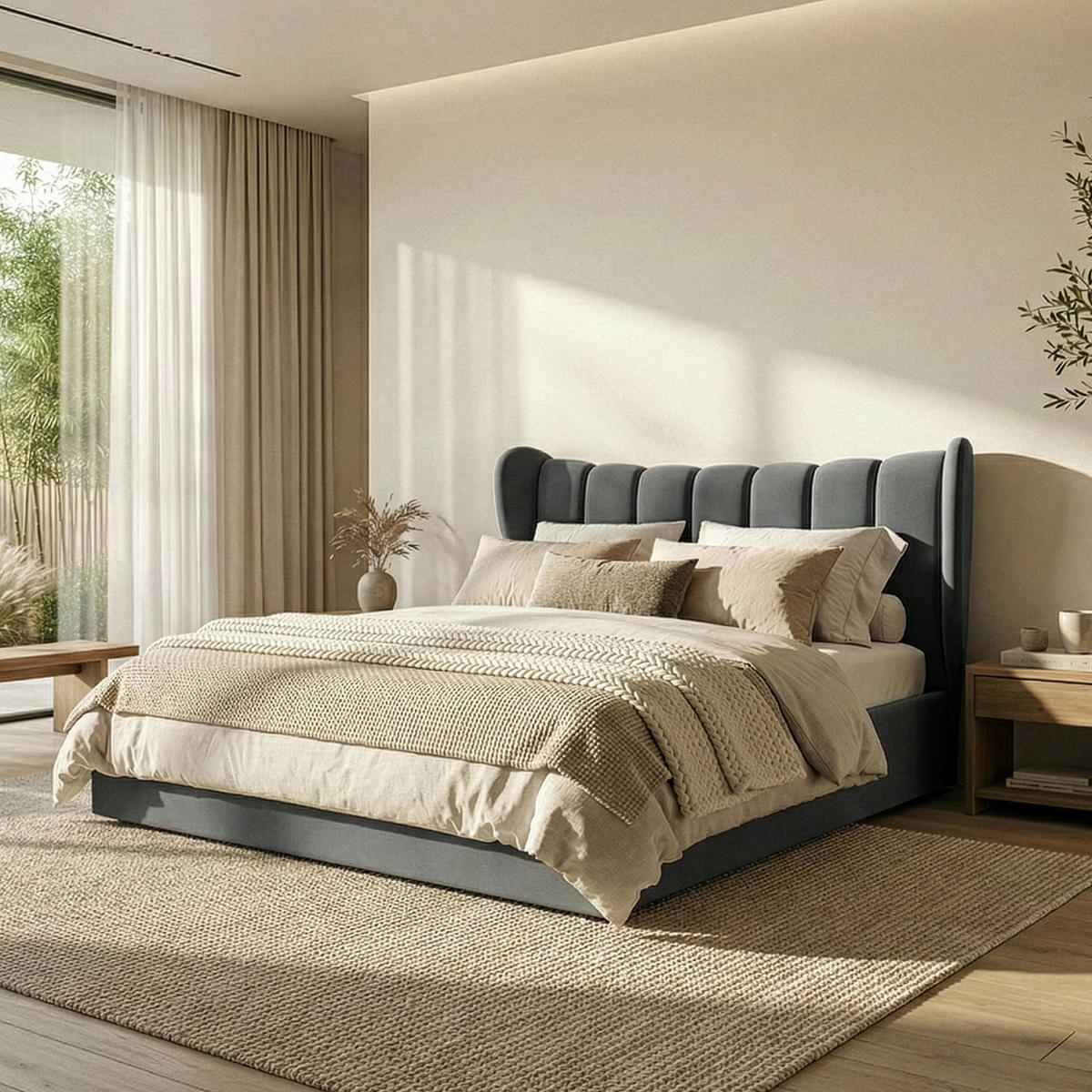 POLSTERBETT GIZO, Muschel-Design - Dunkelgrau/Schwarz, Holz/Holzwerkstoff (162/204cm) - KONSIMO®