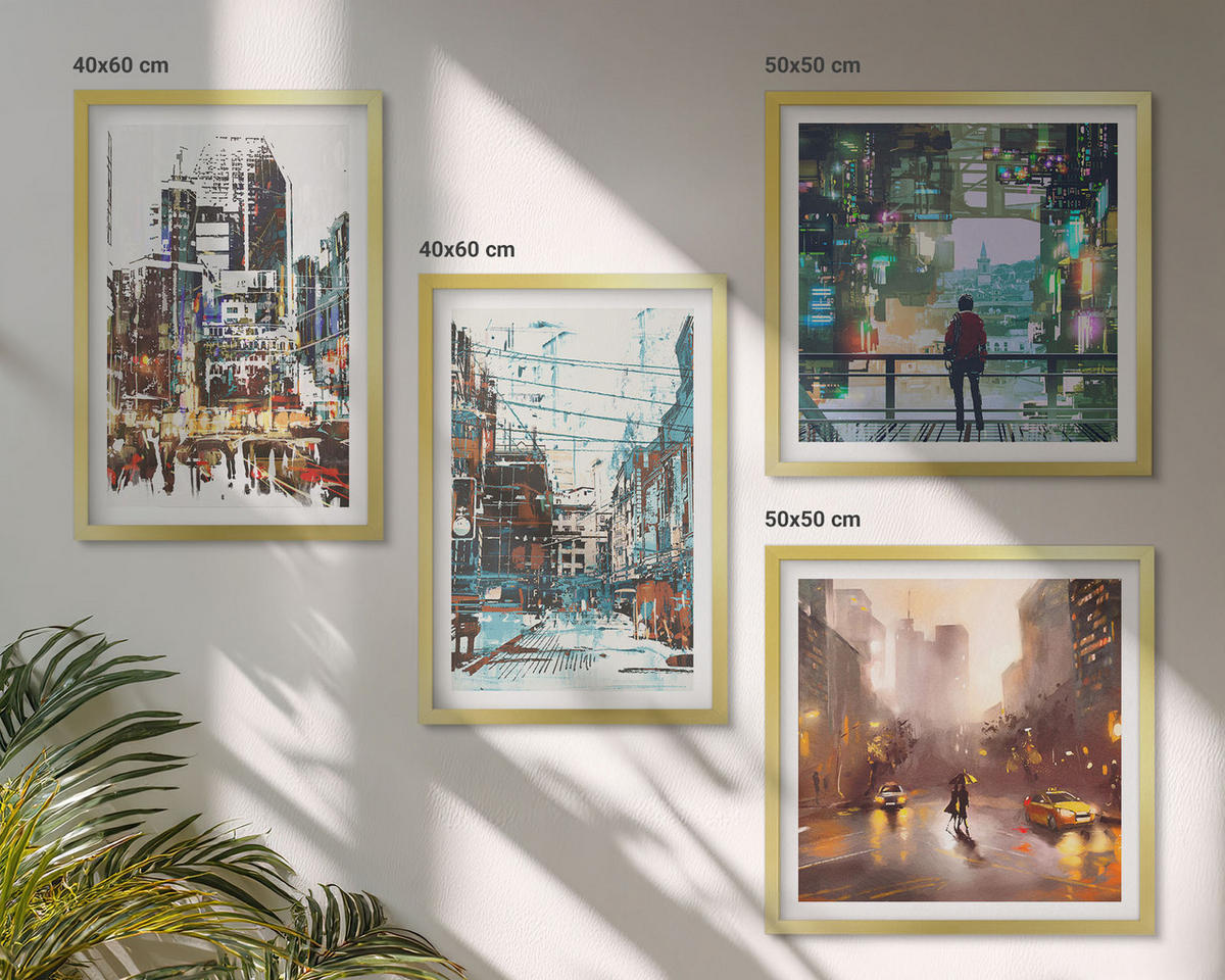 WANDBILDER 4er Set - 50x50 cm & 40x60 cm Goldrahmen - Moderne, farbenfrohe Städte mit Charakteren - Goldfarben, Kunststoff (50/50cm) - ArtPrintCave