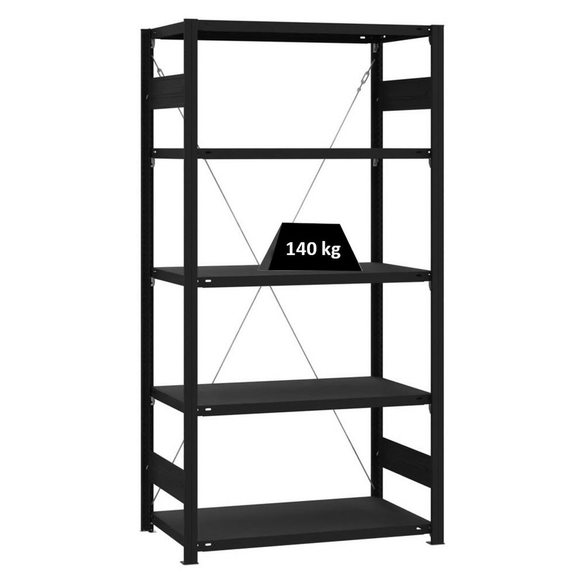 WOHNREGAL Motemo 200x100x50cm 5 Ebenen je 150kg Fachlast Matt-Schwarz - Schwarz, Metall (100/200/50cm) - PROREGAL