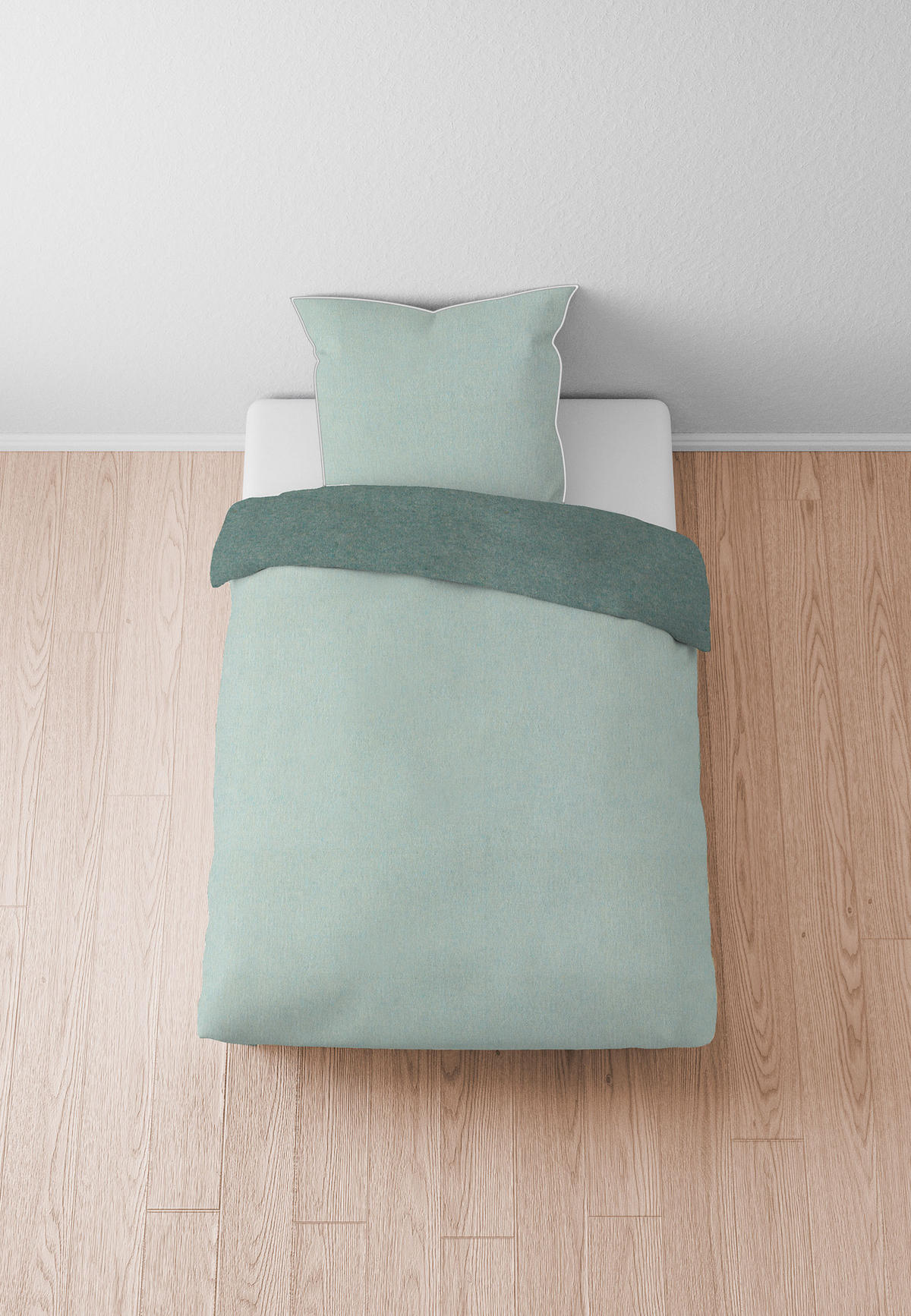 BETTWÄSCHE-GARNITUR Premium Biber Melange UNI minze, 135x200 cm + 80x80 cm - Mintgrün, Textil (135/200cm) - biberna
