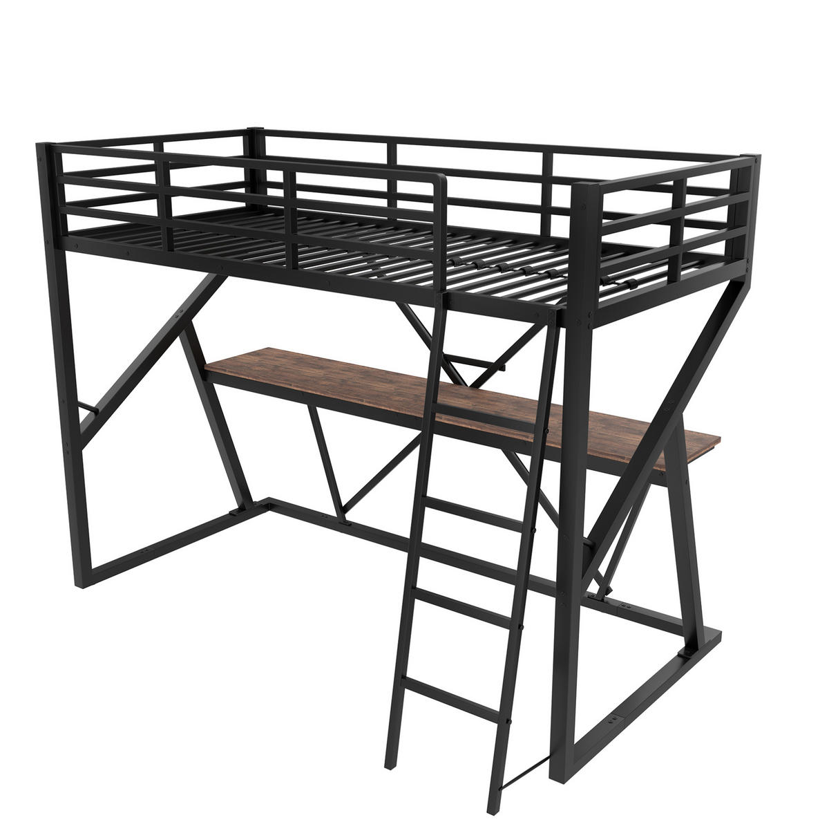 HOCHBETT 90/200 cm mit LED-Leiste, Schreibtisch, Geländer und Leiter, Metall, Schwarz - Schwarz, Metall (90/200cm) - Redom