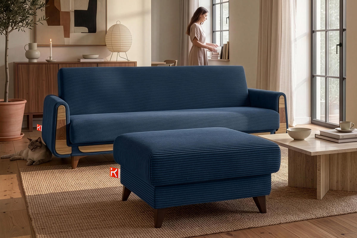 HOCKER GUSTAVO II, Marineblau - Braun/Dunkelblau, Holz/Holzwerkstoff (92/49/92cm) - KONSIMO®