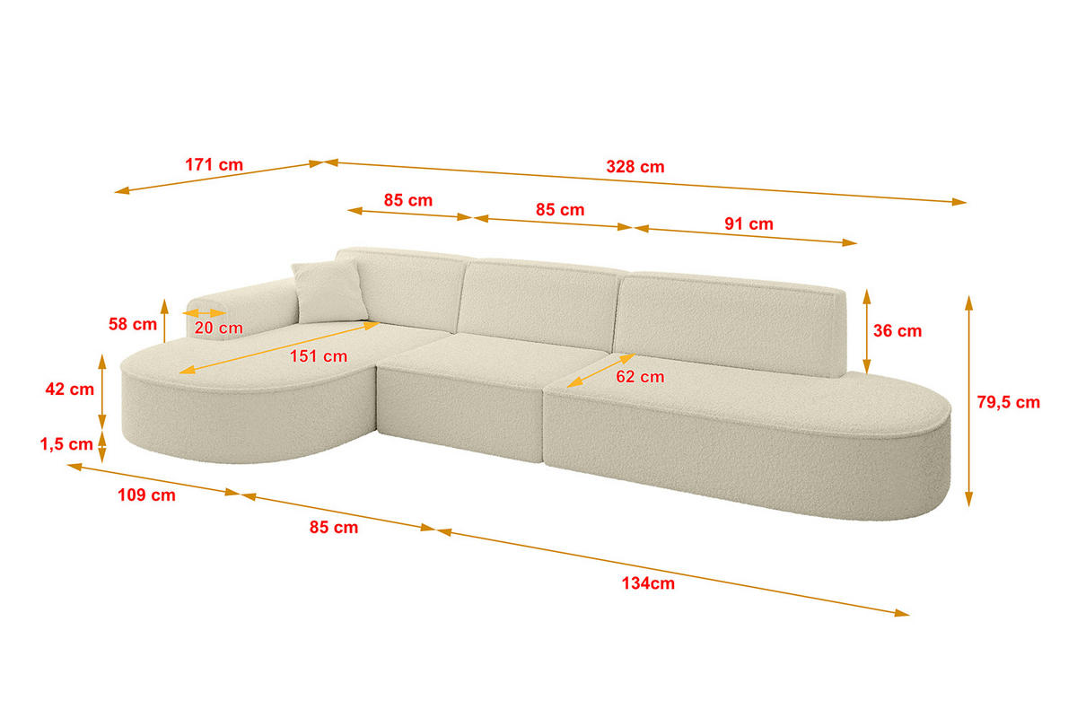 ECKSOFA Ottomane Links MARI-L2 - 328x171x79 cm Beige Bouclé - Beige/Schwarz, Holzwerkstoff/Kunststoff (165/321cm) - ALTDECOR