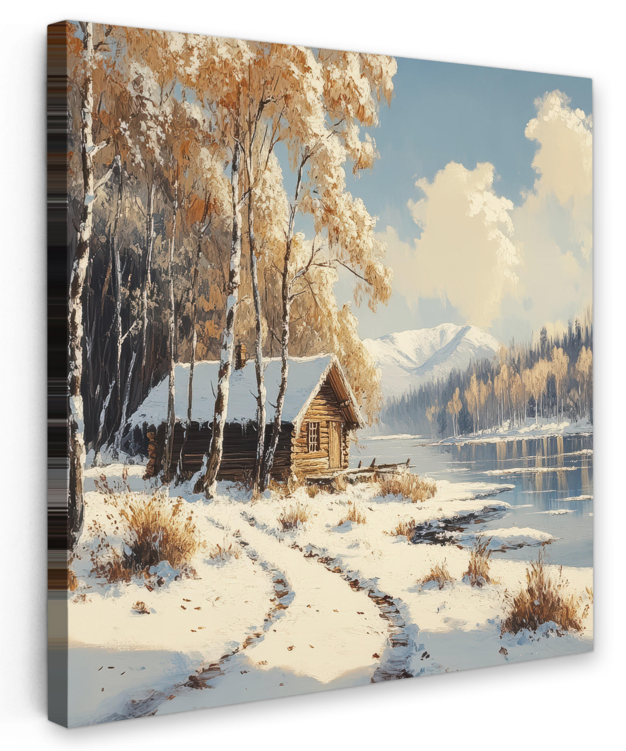LEINWANDBILD Winter - Schnee - Zuhause - Natur 90x90 cm - Hellbraun, Textil (90/90cm) - MuchoWow
