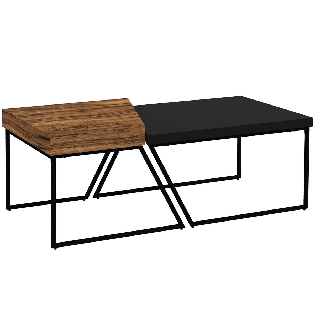 COUCHTISCH 2er Set Beistelltisch mit Stahlrahmen, Geometrischem Industriedesign - Schwarz, Holzwerkstoff/Metall (80/60/42cm) - HOMCOM