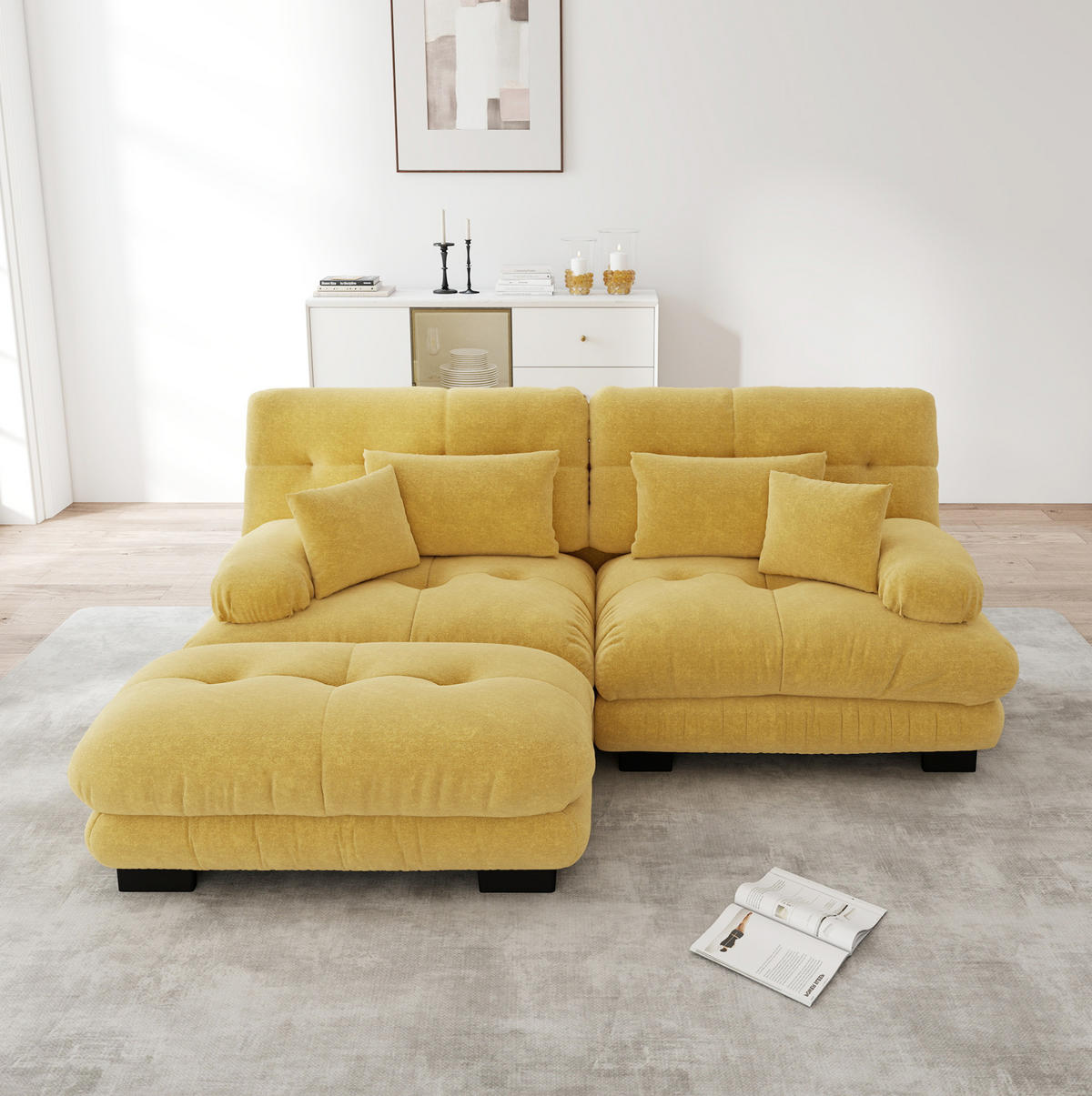 ECKSOFA mit modularer Ottoman, breiten Armlehnen und Zierkissen aus Chenille, Gelb - Gelb, Textil (220/145cm) - Redom